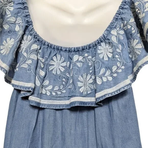 REBECCA MINKOFF Dev Off Shoulder Chambray Lyocell Embroidered Dress M - Picture 6 of 8